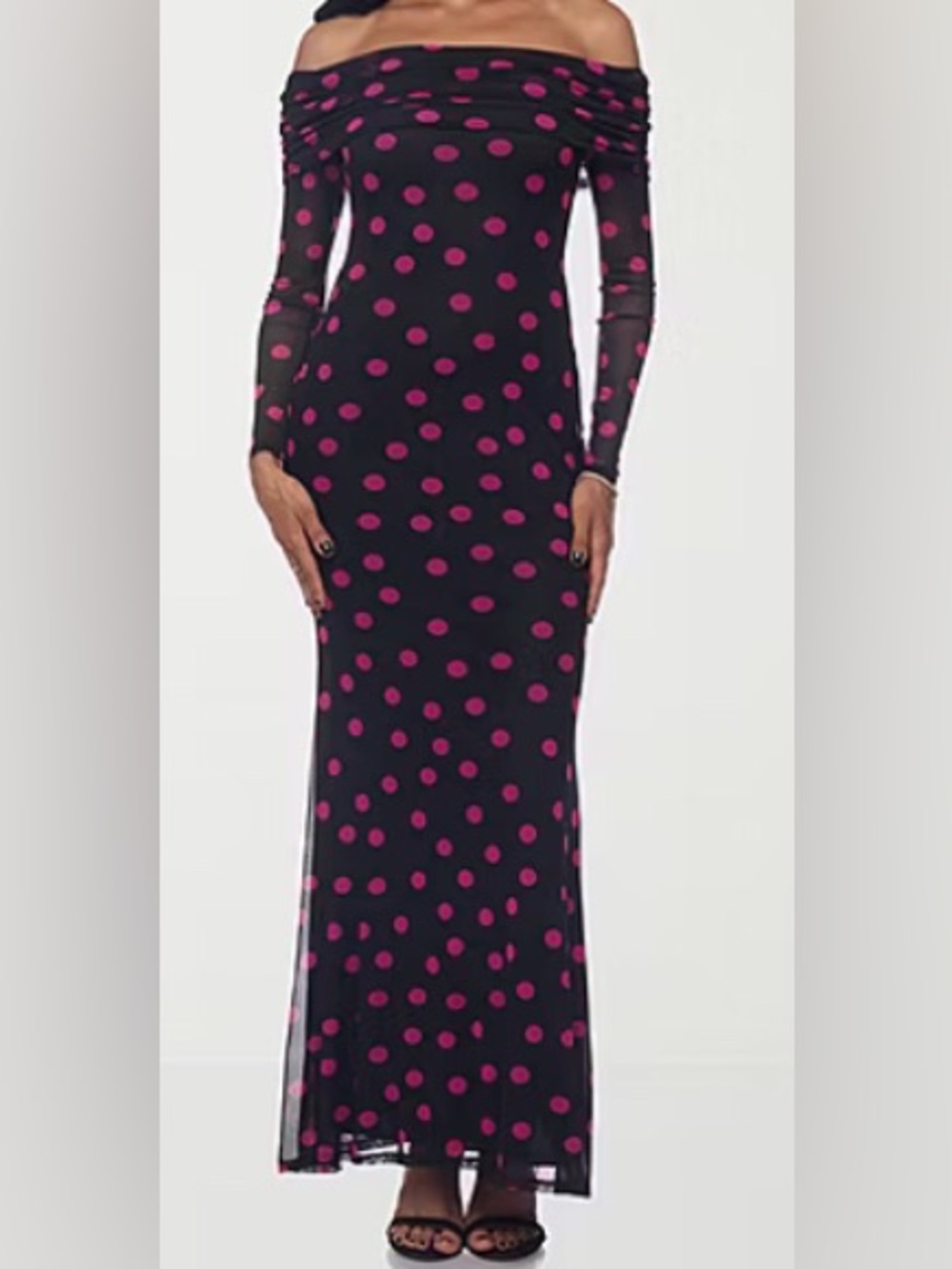 Premier Black Off-Shoulder Maxi Dress with Fuchsia Polka Dots